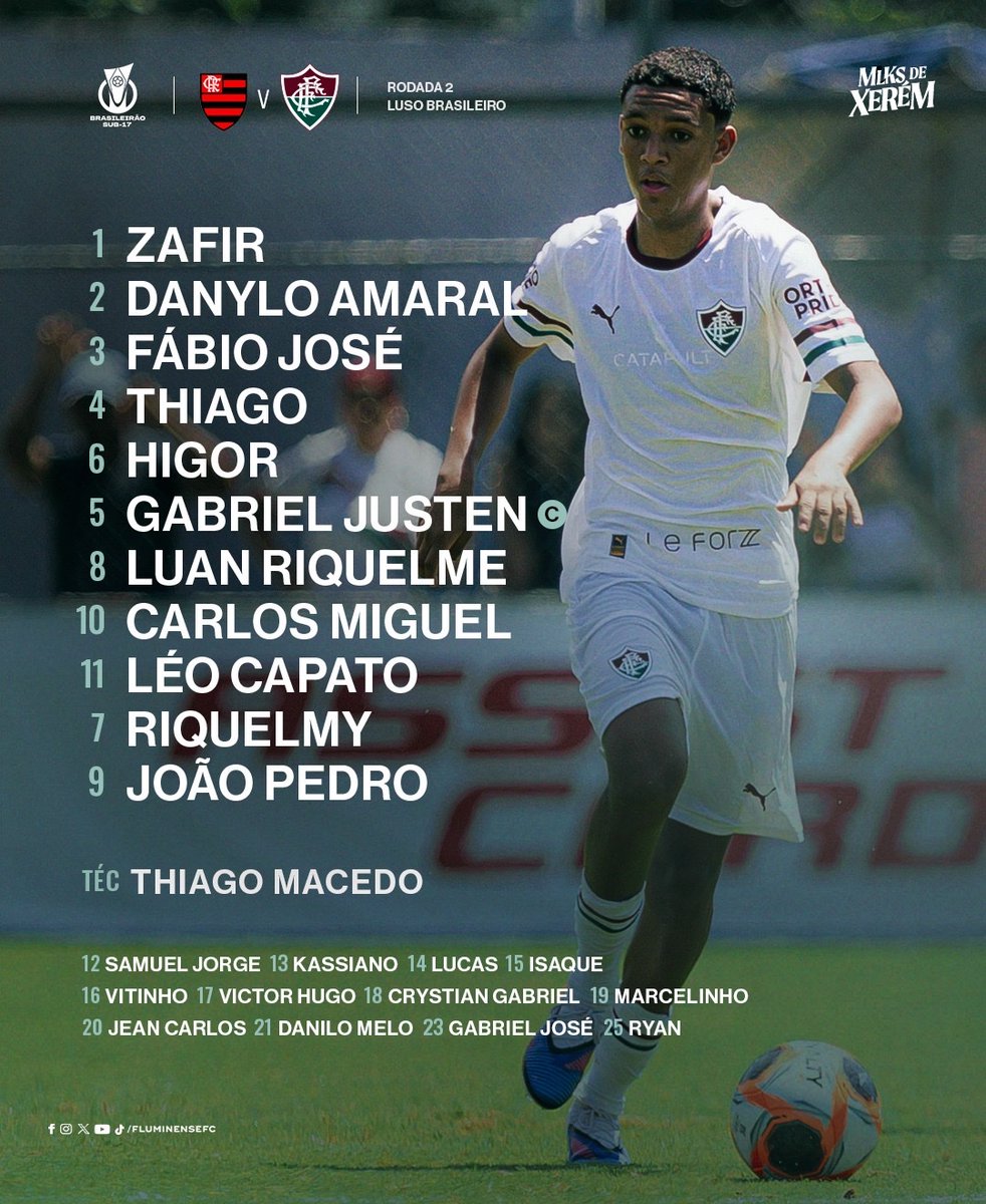FluminenseFC's tweet photo. Hoje é dia de Fla - Flu! 

Os #MlksDeXerém estão escalados para a partida contra o Flamengo, pelo Brasileirão Sub-17! #VemQueTem 

Assista ao jogo no @sportv! https://t.co/DbzBHtp9mK