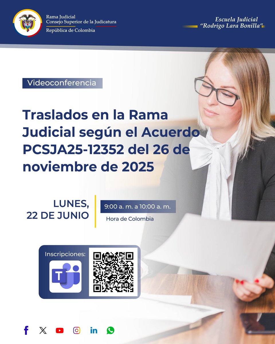 Ejrlbnet's tweet photo. 🏛️⚖️ ¿Cómo se aplican las nuevas disposiciones sobre traslados en la Rama Judicial?

📘 En esta videoconferencia podrá profundizar en criterios de procedencia, requisitos, trámite y alcance del Acuerdo PCSJA25-12352 de 2025, fortaleciendo su comprensión sobre los mecanismos de movilidad dentro de la carrera judicial.

📥📝 Regístrese y participe 👉 https://t.co/zVMinjRYLd
