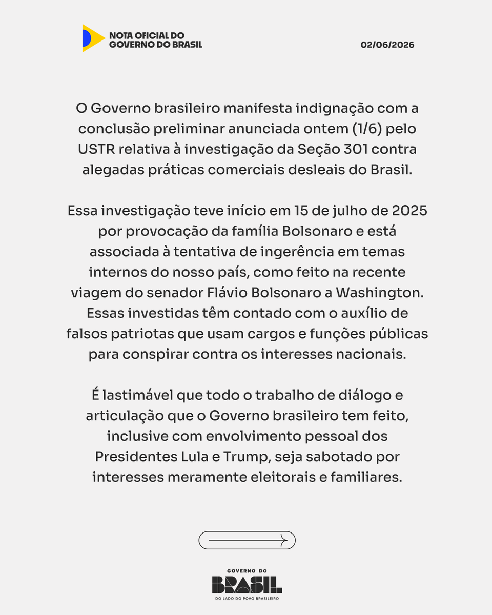MDICoficial's tweet photo. Nota do Governo do Brasil à imprensa sobre a ameaça de intervenção dos Estados Unidos em assuntos internos do nosso país.⤵️ https://t.co/fxe144Tdbu