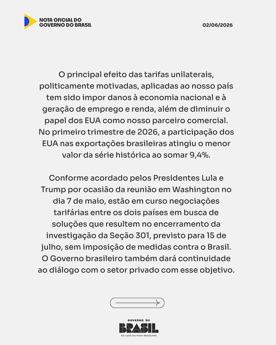MDICoficial's tweet photo. Nota do Governo do Brasil à imprensa sobre a ameaça de intervenção dos Estados Unidos em assuntos internos do nosso país.⤵️ https://t.co/fxe144Tdbu