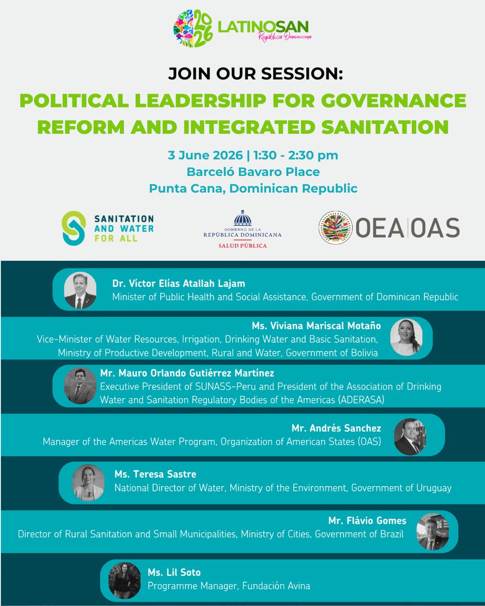 OAS_Development's tweet photo. #WaterProgram | Can sanitation be a driver of development and regional resilience? At #LATINOSAN2026, the GS/@OAS_official will participate on June 3 in the session “Political Leadership for Governance Reform and Integrated Sanitation.” Join us live: https://t.co/6XnLU9Yn4N https://t.co/4LNg5IO6Wc