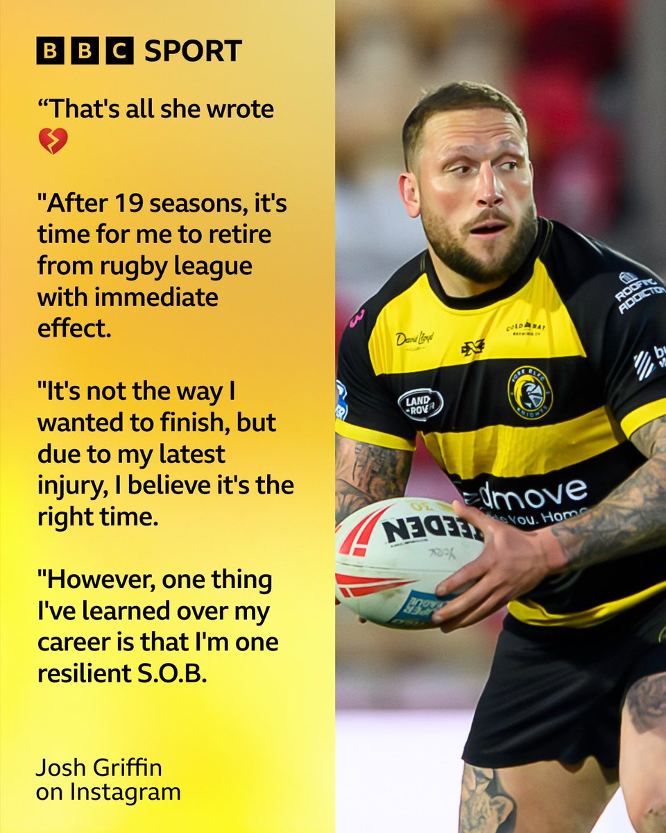 BBCYorkSport's tweet photo. York Knights second row Josh Griffin has announced his retirement from rugby league with immediate effect

It brings to an end an 18 year senior career for Griffin (36) who suffered a ruptured pectoral muscle, which is set to sideline him for a minimum of four months

#BBCRL
1/4 https://t.co/LtsJ1lkF4A