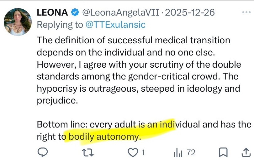 Transphobe01's tweet photo. Dr's do not prescribe lipo and Ozempic to anorexiants.
Transition is not medicine. It is cosmetic https://t.co/LOCR73mUSq