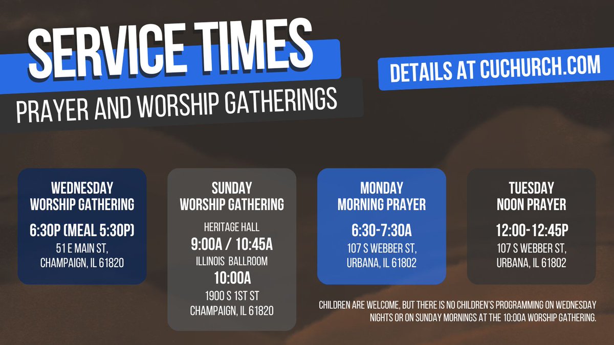 cu_church's tweet photo. Join us on Wednesday at The Venue (51 E Main St, Champaign, IL) for dinner 5:30p / church 6:30p. CU Church also has services on Sunday at 9:00a/10:00a/10:45a at the Illinois Conf Center (1900 S 1st St, Champaign, IL). https://t.co/YVWh2oKnOl