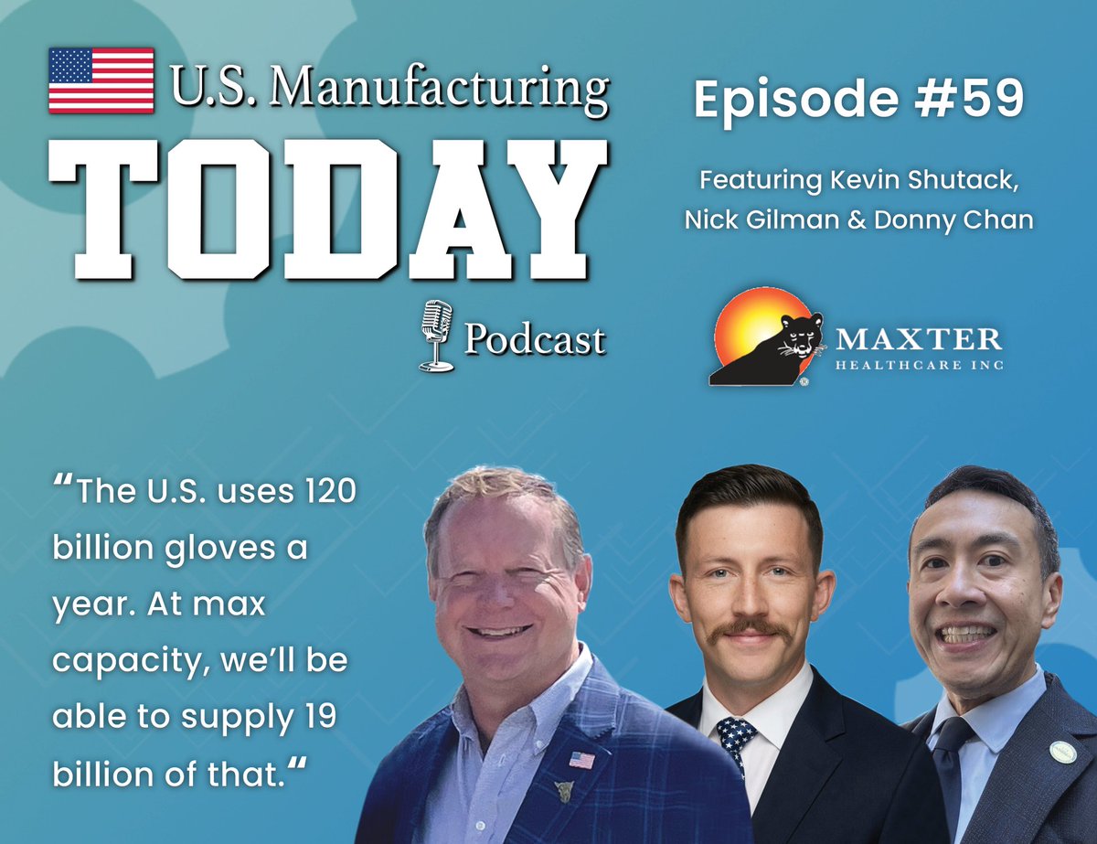 USMfgToday's tweet photo. 🚨NEW EPISODE ALERT

In this latest episode, brought to you by @veryableops , @Matt_Horine speaks with Kevin Shutack, Nick Gilman, and Donny Chan of Maxter Healthcare about the company's $500 million private investment to build America's first large-scale nitrile glove manufacturing facility in Brazoria County, TX.

The conversation doesn't shy away from the hard parts — why buyers wave the American flag until it's time to negotiate, why government contracts take longer than a manufacturer producing inventory can afford to wait, and why reshoring production doesn't eliminate exposure to global raw material price volatility.

What you'll learn:
✅ How watching the U.S. struggle to secure basic PPE during COVID turned a long-held vision into a $500 million decision
✅ What it took to find the right site and why Texas ultimately beat out NY, FL, and other contenders
✅ How a highly automated facility produces 180-200 million gloves a month 
✅ Why securing long-term contracts  (not spot buys) is the only way domestic manufacturers can justify the investment and scale
✅ What recent disruptions in the Strait of Hormuz reveal about the fragility of critical supply chains

🎧 Listen now:
👉Apple: https://t.co/4XowxdVW5l
👉Spotify: https://t.co/No5DMELruT