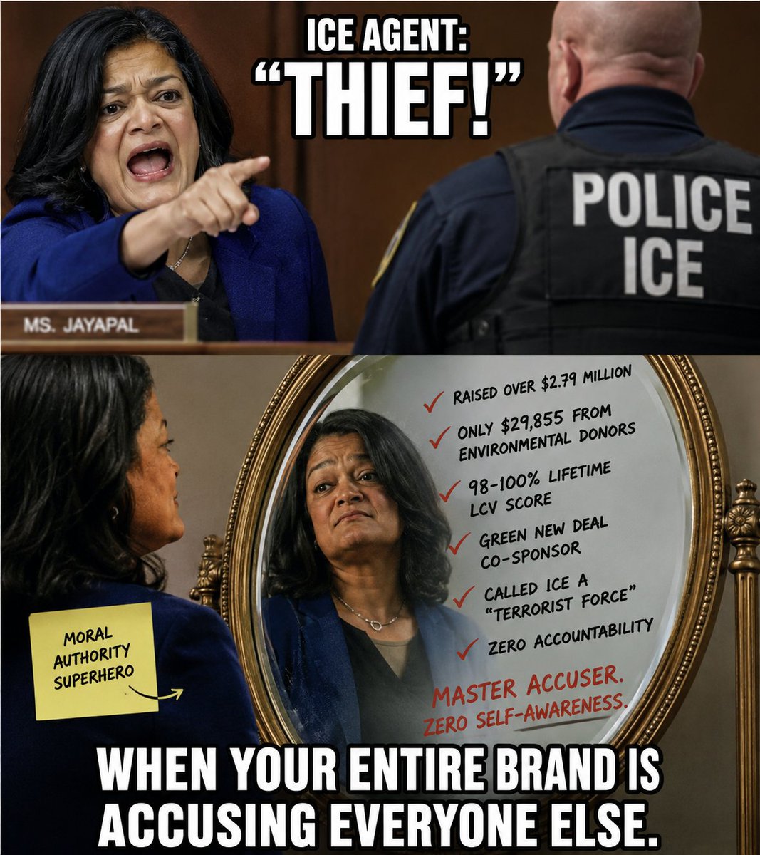 TurnSeattleRed's tweet photo. @RepJayapal @WASenDemocrats 🫵 "THIEF!" @RepJayapal 
Raised Millions
 Built Career on Activist Politics
 Calls ICE a 'Terrorist Force'
 Then Pretends She's the Anti-Corruption Crusader https://t.co/ceGElYfVPO