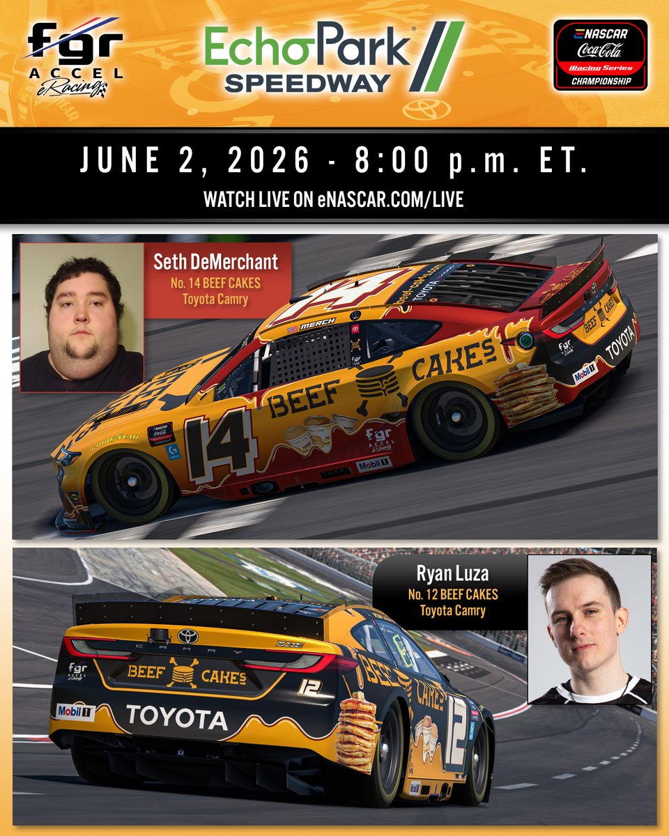 fgrACCELeRacing's tweet photo. 🔥Let's Go Racing‼️‼️🔥

The 2026 @ENASCARGG @CocaCola @iRacing Series continues tonight 📍@EchoParkSpdwy with our 
@fgrACCELeRacing BEEF CAKES Racing team. 🏁🥞 💪🏻

Catch @RyanLuza and @Merch_N57 LIVE at 8 PM ET on https://t.co/zOhtDl7GSS! 📺🔥

#eNASCAR #NASCAR https://t.co/8UzKWbMbIY