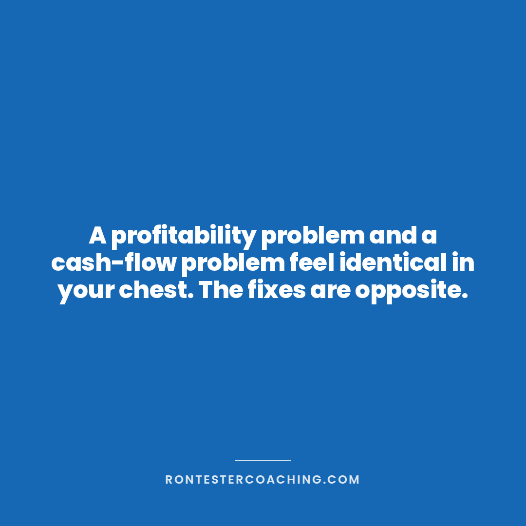 rontester's tweet photo. A profitability problem and a cash-flow problem feel identical in your chest. The fixes are opposite.

Short on cash but profitable: line of credit, payment timing, collection cadence. Unprofitable: payer mix, payroll ratio, pricing. Looking early is how you tell them apart. https://t.co/6HqO1HCkcz