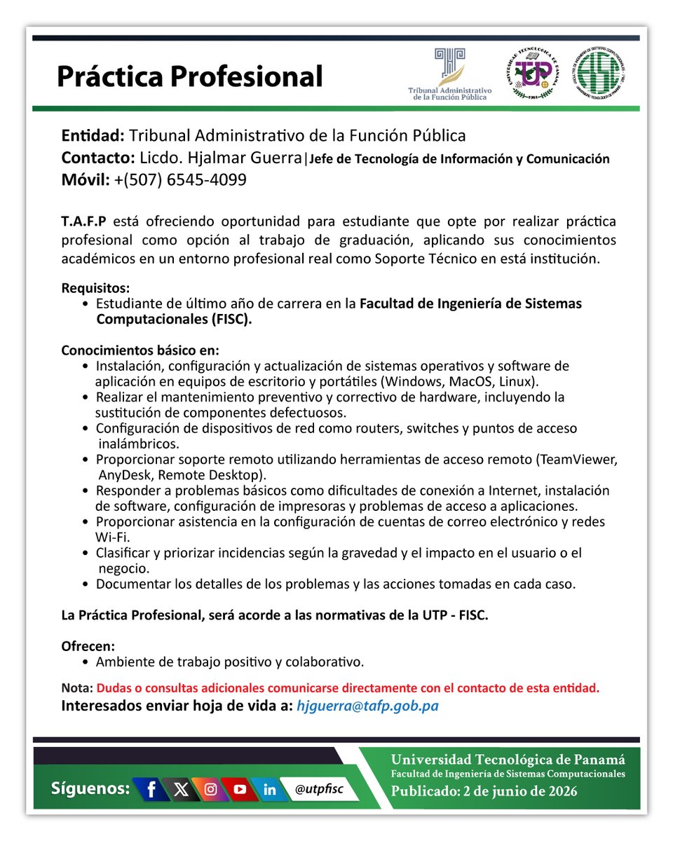 utpfisc's tweet photo. 📢Práctica Profesional, el T.A.F.P está ofreciendo oportunidad para estudiante que opte por realizar práctica profesional como opción al trabajo de graduación, como Soporte Técnico en está institución.📨 Interesados enviar hoja de vida a: hjguerra@tafp.gob.pa https://t.co/PjCuFlHM95
