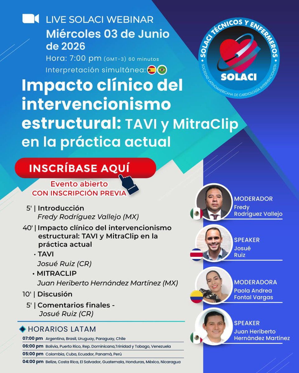 solaci_online's tweet photo. ⏳ ¡Es mañana!

🫀 ¿Cuál es el impacto del #TAVI y #MitraClip en la práctica clínica actual?

Participe del webinar de SOLACI Técnicos y Enfermeros junto a expertos de LATAM.

📅 03/06
🕖 7:00 pm (GMT -3)
💻 Online
🌎 ES/PT
✅ Gratuito

🔗 Regístrese:
https://t.co/41ksCjc9td https://t.co/GqgVThmF4o