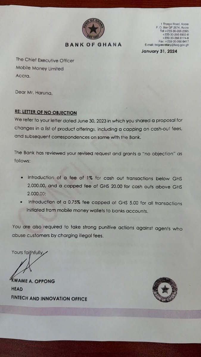 mista_opare's tweet photo. The NPP is truly a dishonest bunch. On 31 January 2024, the Head of Fintech and Innovation at the Bank of Ghana, under the leadership of Governor Dr. Ernest Addison, wrote to MTN regarding a proposed 0.75% charge on certain transactions.
Yet, the same NPP that was in government when this correspondence was issued later held a press conference accusing the Mahama administration of reintroducing the E-Levy through the back door over a similar 0.75% transaction charge. The contradiction is glaring. If a 0.75% charge was being considered and engaged by regulators under the previous administration, on what basis was the current government accused of secretly reintroducing the E-Levy? Ghanaians deserve honesty, consistency, and facts, not political deception and misinformation.
The Minority Leader together with his NPP owe the people of Ghana an explanation and indeed an apology for the false narrative advanced against this Dr Asiama and this government. There is no ambiguity in the contents of this letter.