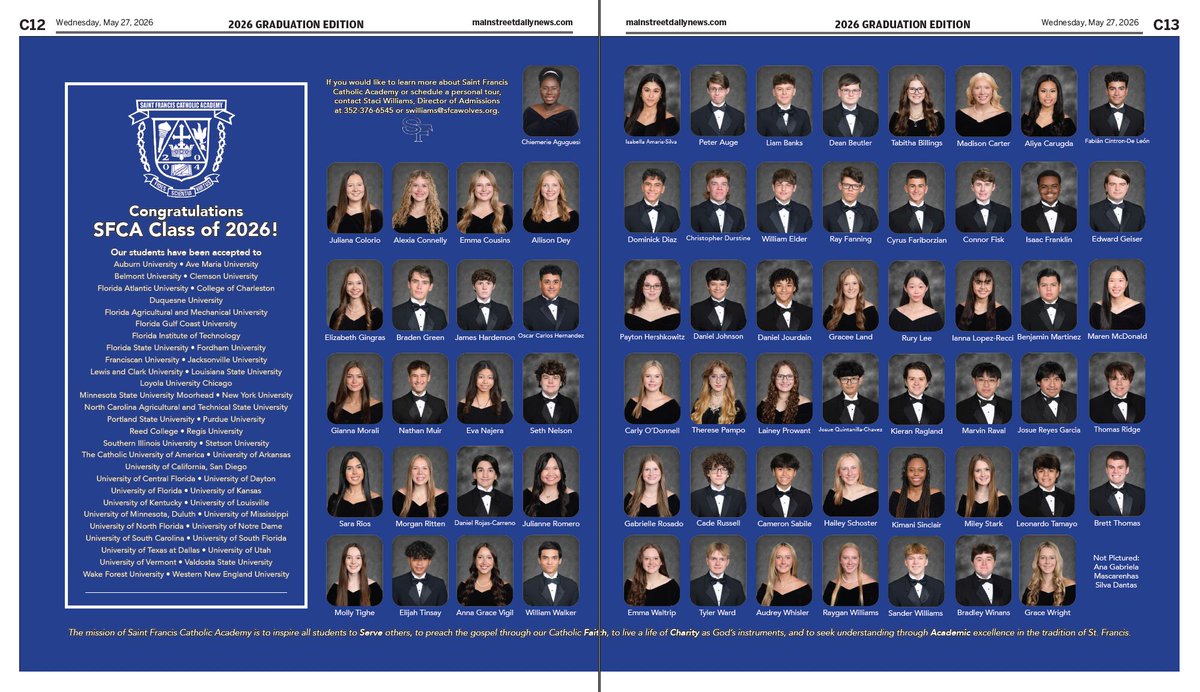sfcawolves's tweet photo. Congratulations to the SFCA Class of 2026! Thank you to our partners at the Mainstreet Daily News for featuring our wonderful Wolves in print and online. Senior families: Pick up a keepsake copy of the graduation edition in the main office while they last! #SFCA #GoWolves https://t.co/GC1ki1esTe