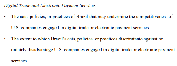 ToTristeHoje's tweet photo. Fui ler o tal documento do tarifaço e literalmente esses são os únicos pontos discutidos sobre o pix. Tem mais ênfase na proteção a propriedade intelectual, combate a corrupção e combate sério ao desmatamento do que nisso. https://t.co/vDx8tKSnuY