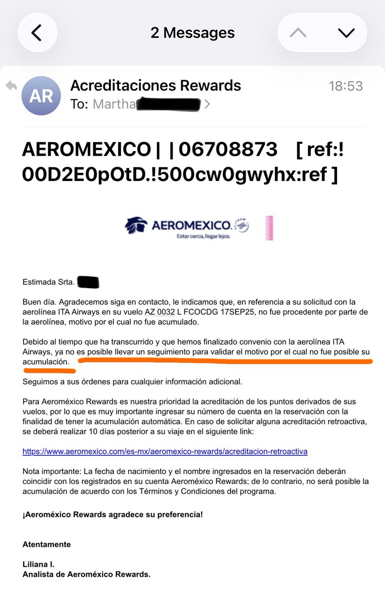 marrrrpv's tweet photo. @AM_Escucha Llevo desde noviembre 2025 solicitando la acreditación de mis puntos @AMRewardsMx @Aeromexico Rewards por un vuelo realizado el 17 de septiembre de 2025 (MEX-FCO-CDG) con conexión vía ITA airways. Tras 9 meses de seguimiento y más de 20 mails, continuo hilo > https://t.co/5dc9vn7lmz