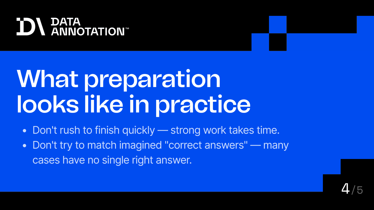 Data_Annotation's tweet photo. DataAnnotation is selective by design.

Not for guaranteed approval seekers. It’s for professionals with the expertise to evaluate complex outputs, not just complete mechanical tasks.

Here's what pushes workers to the top compensation tier. https://t.co/Dsie9PJPow