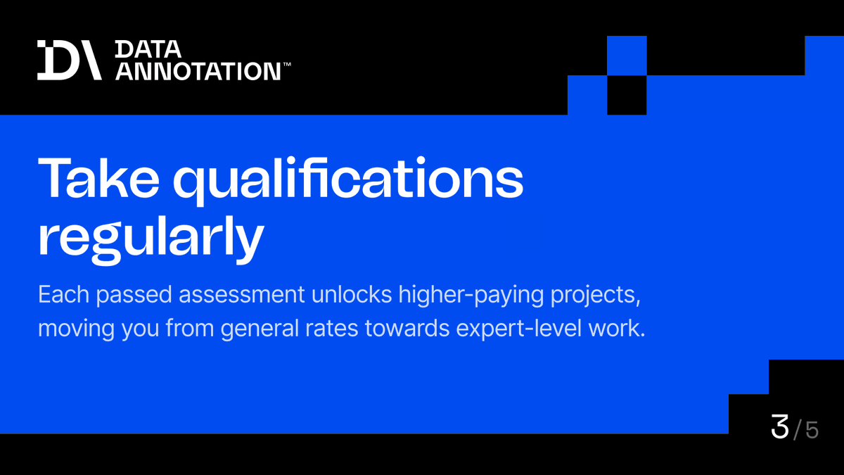 Data_Annotation's tweet photo. DataAnnotation is selective by design.

Not for guaranteed approval seekers. It’s for professionals with the expertise to evaluate complex outputs, not just complete mechanical tasks.

Here's what pushes workers to the top compensation tier. https://t.co/Dsie9PJPow