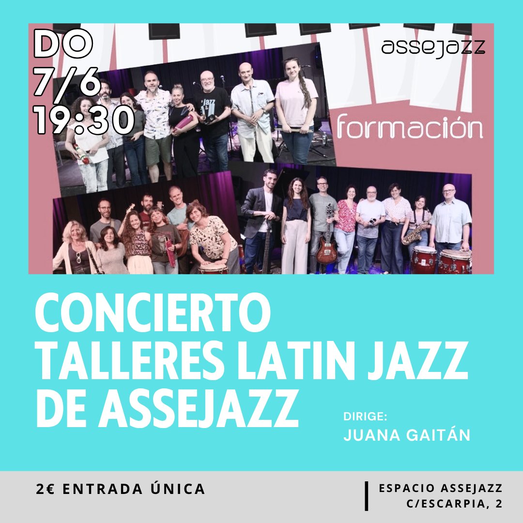 assejazz's tweet photo. CONCIERTO TALLERES LATIN JAZZ DE ASSEJAZZ

Domingo 7 de junio, a las 19'30H en C/Escarpia, 2 #Sevilla 

+ info: https://t.co/1rynFslpN4

Venta anticipada: https://t.co/nqDQEZXGJA

#LatinJazz #FormacionAssejazz https://t.co/umanQMYmOq