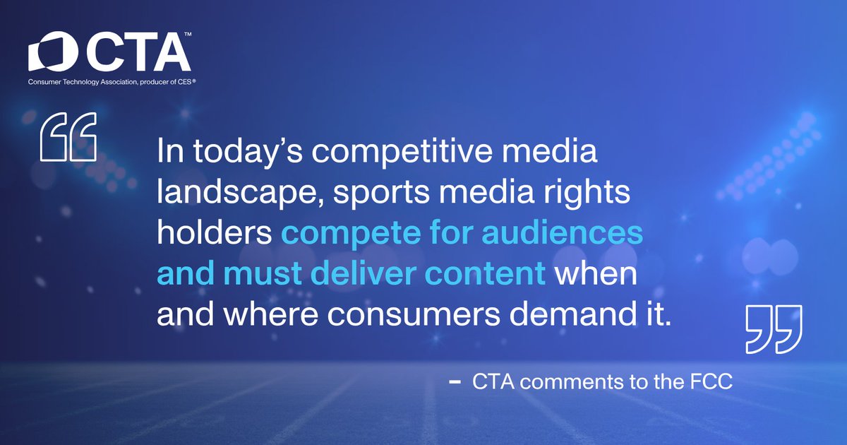 CTATech's tweet photo. Consumers—not government-driven tech mandates—should decide how sports viewing evolves. Check out CTA's comments to the @FCC on sports broadcasting and NextGen broadcast TV:
https://t.co/EvSv9COsdb https://t.co/G6qEc3gaHn