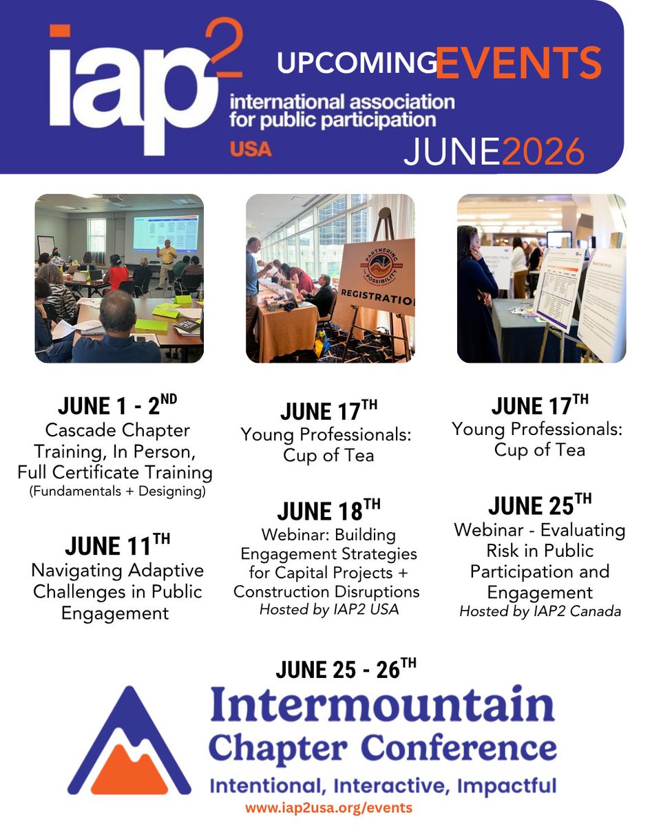 IAP2USA's tweet photo. 🌞 Happy June! Ready to learn, connect, + grow? Join us this month for webinars, trainings, networking events, and professional development opportunities designed for public participation and engagement practitioners. Explore upcoming events and register: https://t.co/a7Tfatc0jZ https://t.co/gmv5ZEi9Gr