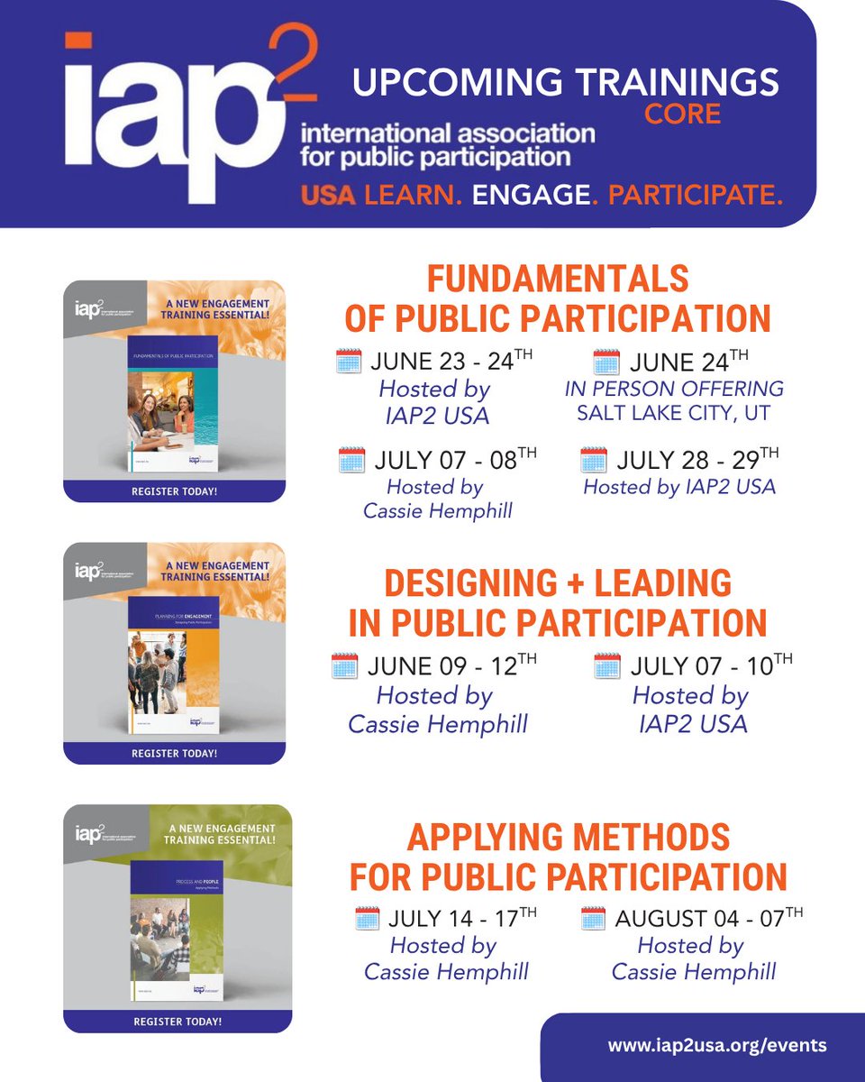 IAP2USA's tweet photo. 🌞 Happy June! Ready to learn, connect, + grow? Join us this month for webinars, trainings, networking events, and professional development opportunities designed for public participation and engagement practitioners. Explore upcoming events and register: https://t.co/a7Tfatc0jZ https://t.co/gmv5ZEi9Gr