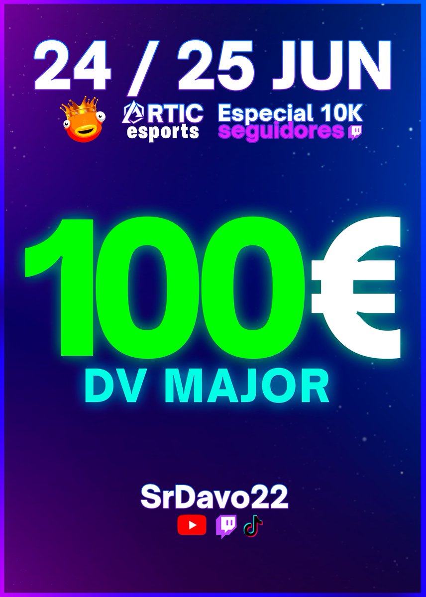 SrDavo22's tweet photo. 𝟭𝟬𝟬€ | 𝗗𝗩 𝗠𝗔𝗝𝗢𝗥 🏆

𝗤𝗨𝗔𝗟𝗦 ➞ #40 Clasifican  •  Premios por partida.
📅 24 JUN ⏰ 19:00

𝗙𝗜𝗡𝗔𝗟𝗦
📅 25 JUN ⏰ 17:00

𝗥𝗲𝗾𝘂𝗶𝘀𝗶𝘁𝗼𝘀
🐟 Tener Dv en Fortnite
♻️ Retwitear + follow @ArticAcces 
🫂 @ 2 amigos

𝗗𝗶𝘀𝗰𝗼𝗿𝗱: https://t.co/4F8p1pxSwg https://t.co/X23VqIcFN5