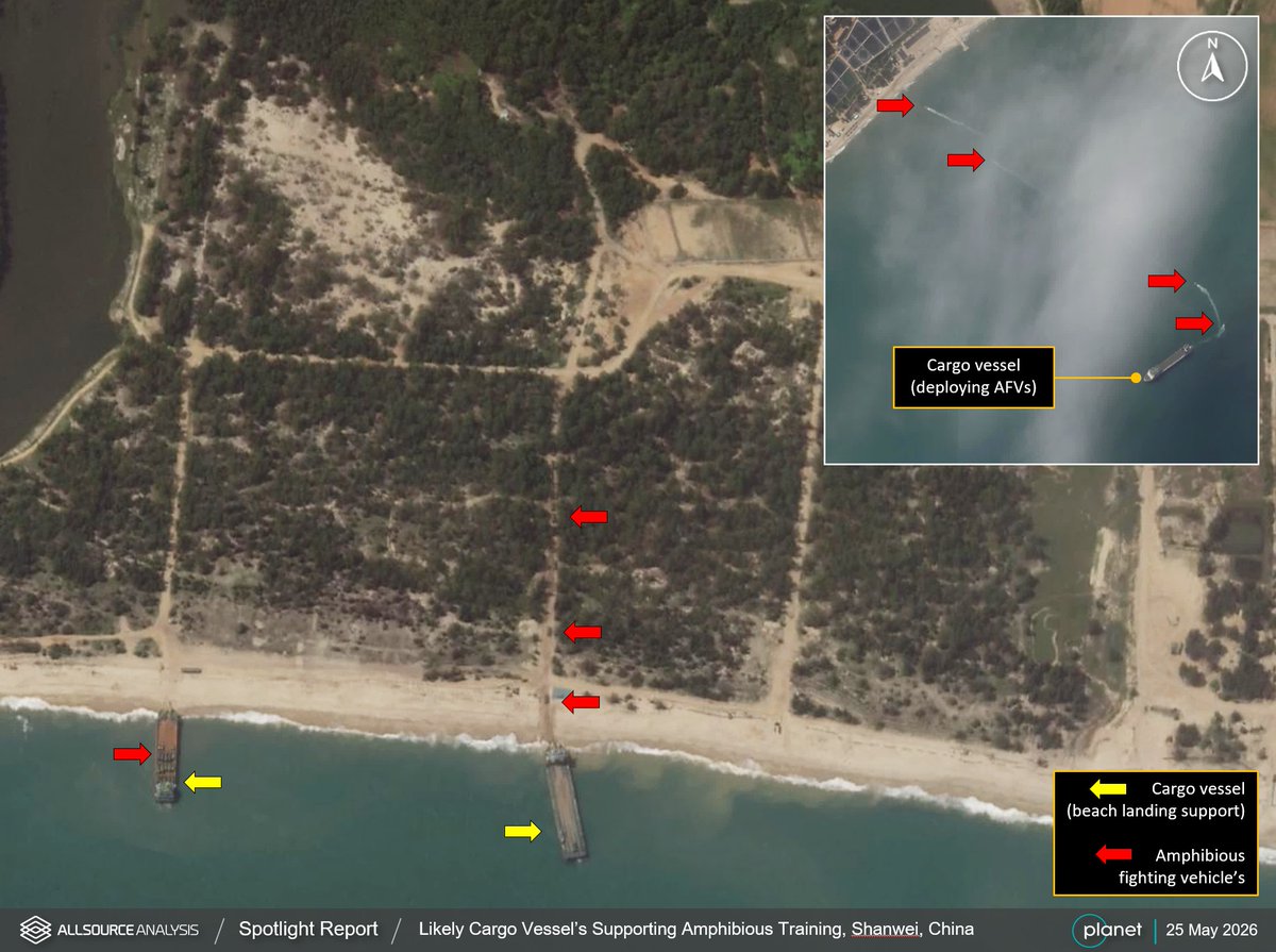 AllSourceA's tweet photo. Planet imagery on 25 May 2026 reveals multiple likely cargo vessel's supporting an amphibious training exercise in Shanwei, China. https://t.co/Lz2LZGnpYg

Spotlight Report - Critical intelligence delivered to your inbox. https://t.co/n0XDPQNx8A

#GEOINT #China https://t.co/Bn0BIFmCh9
