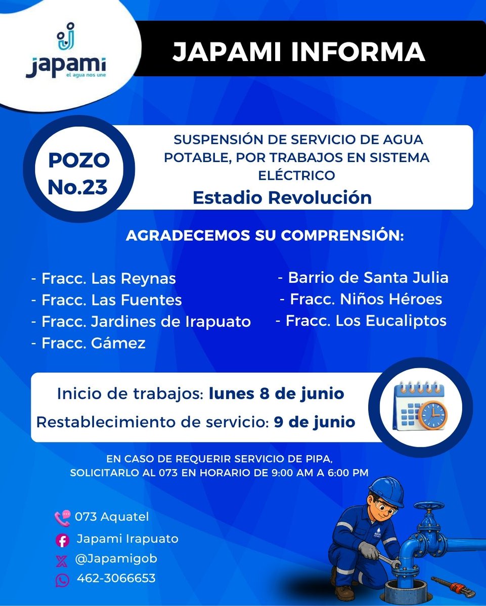 JAPAMIgob's tweet photo. #JapamiInforma

Vecinas y vecinos de las siguientes colonias y fraccionamientos, se realizarán trabajos en el sistema eléctrico de los siguientes pozos, por lo que el servicio de agua potable será suspendido por un periodo de 24 horas en cada pozo. 👷‍♂️ https://t.co/YEgeZ4eL9q