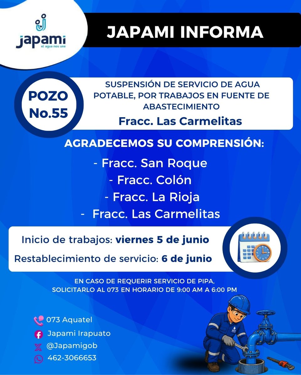 JAPAMIgob's tweet photo. #JapamiInforma

Vecinas y vecinos de las siguientes colonias y fraccionamientos, se realizarán trabajos en el sistema eléctrico de los siguientes pozos, por lo que el servicio de agua potable será suspendido por un periodo de 24 horas en cada pozo. 👷‍♂️ https://t.co/YEgeZ4eL9q