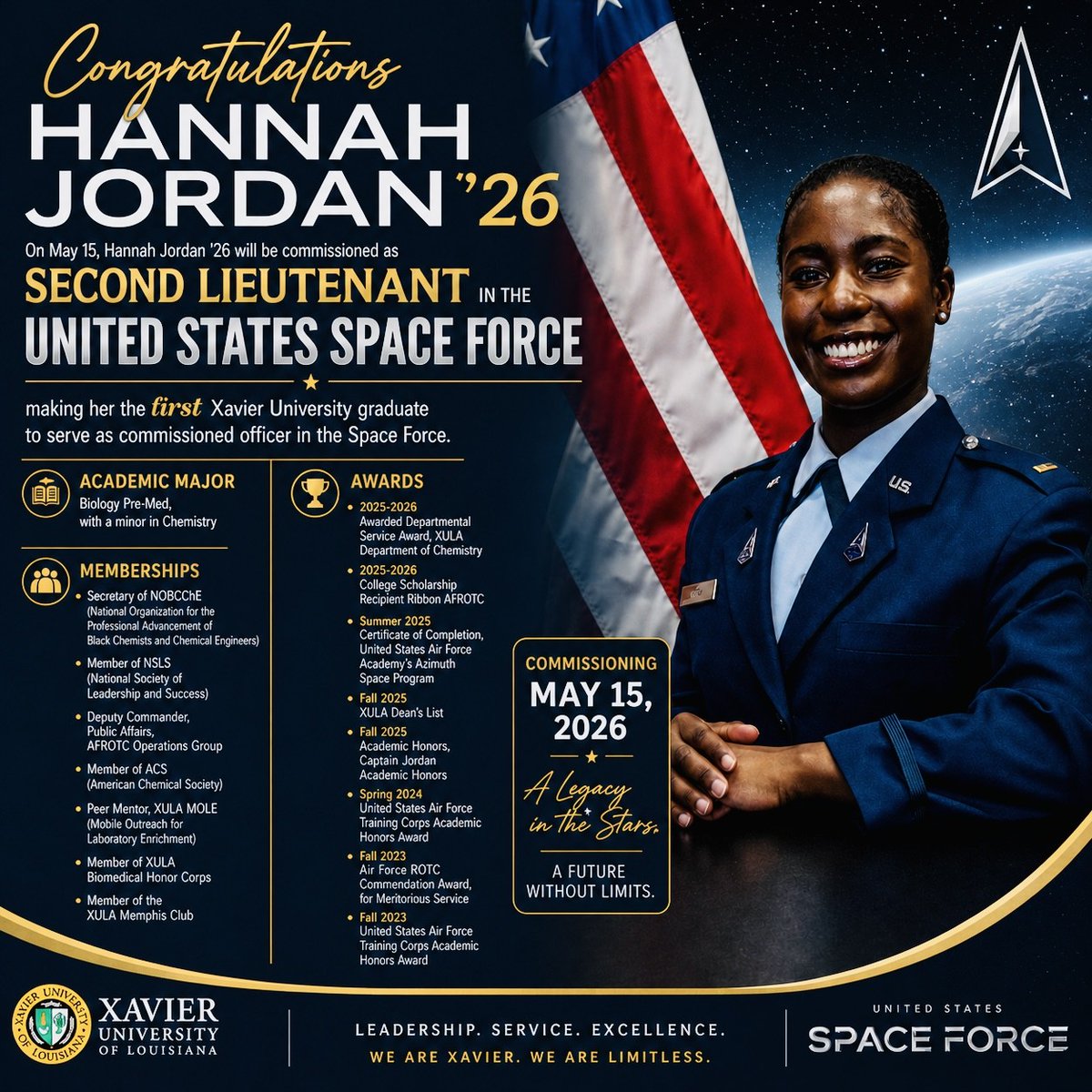 DCSeNews's tweet photo. Hannah Jordan, @EaglesHLHS grad & Xavier University of LA grad, is making history. Hannah is the 1st ever Xavierite to commission into the U.S. Space Force. Congratulations, Hannah! We are proud of you!
#BeTheStandard #TeamDCS https://t.co/7TCOYfDx0t
