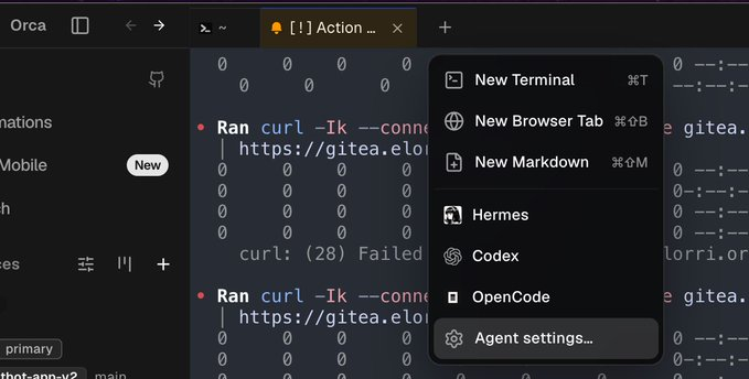 orca_build's tweet photo. Always fun seeing the agent stacks Orca users come up with.

OpenCode + Codex + Hermes is becoming a surprisingly popular combo 👀 https://t.co/lRyf83SmHi