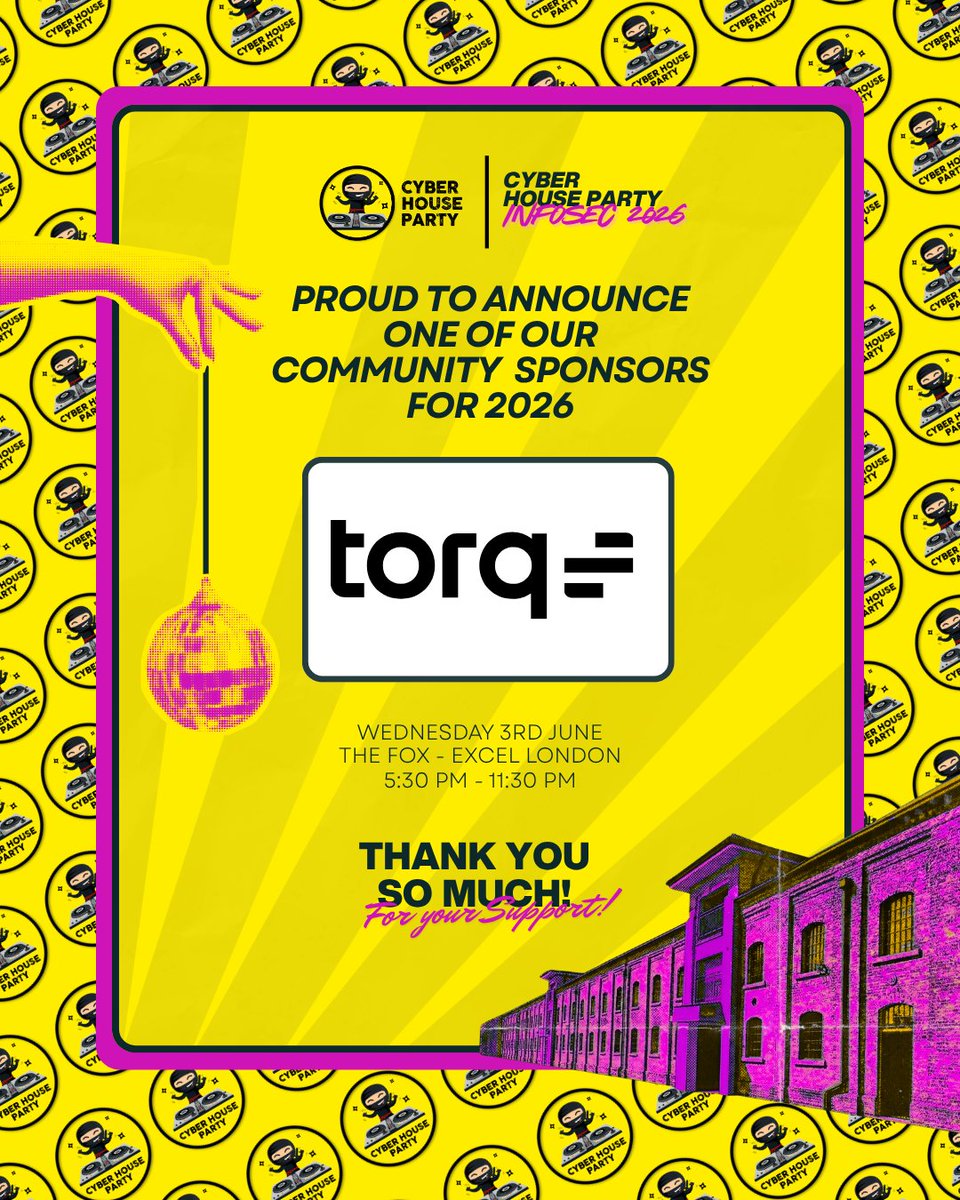 HouseCyber's tweet photo. They show up every time 💛 Welcome back Torq as Community Sponsor at #CyberHouseParty #Infosec2026. The Fox. 3rd June. This one is going to be BIG 🎧 #CyberCommunity https://t.co/N5pqXwPTbu