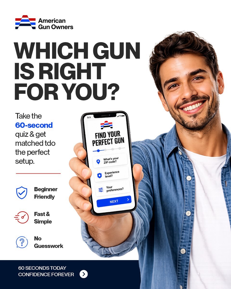 a_gunowner's tweet photo. 🛒Not sure which firearm is right for you?

Take our quick 60-second quiz and get matched with the right setup based on your experience, preferences, and goals.

✅ Beginner-friendly
✅ No account required
✅ Personalized recommendations
✅ Delivered through your local FFL

Stop guessing. Start with confidence.

👉 Link in bio.

#ShopFirearmsOnline #GunDealsOnline #FirearmShopping #GunBuyerGuide #ShopAGO