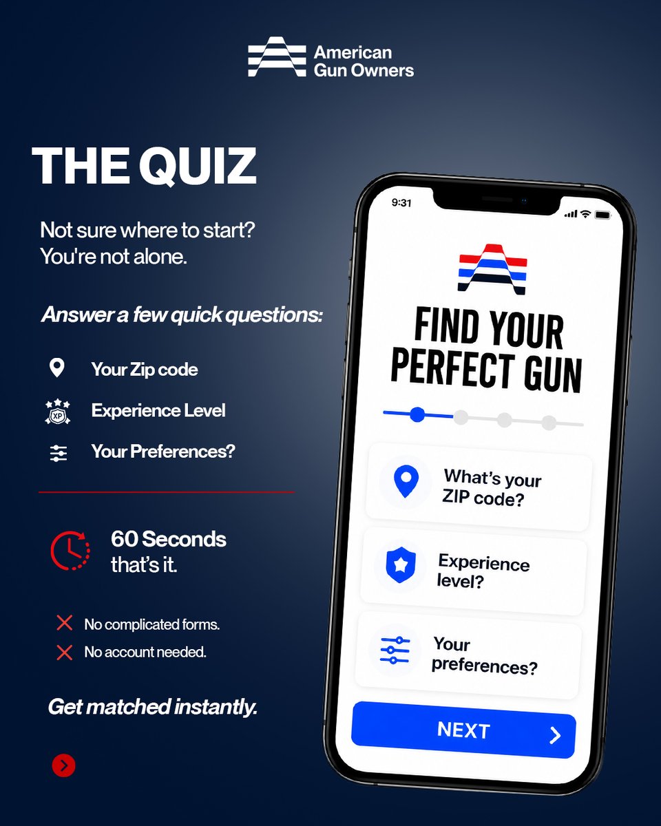 a_gunowner's tweet photo. 🛒Not sure which firearm is right for you?

Take our quick 60-second quiz and get matched with the right setup based on your experience, preferences, and goals.

✅ Beginner-friendly
✅ No account required
✅ Personalized recommendations
✅ Delivered through your local FFL

Stop guessing. Start with confidence.

👉 Link in bio.

#ShopFirearmsOnline #GunDealsOnline #FirearmShopping #GunBuyerGuide #ShopAGO