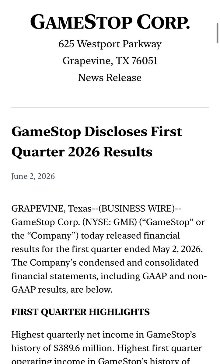 ReesePolitics's tweet photo. BREAKING: GameStop releases surprise Q1 2026 earnings with highest quarterly net income in GameStop history with $389.6M. 

Also a strong beat 0.30 over expected 0.16 $GME 🚨🚨🚨 https://t.co/sj4TjoKPho
