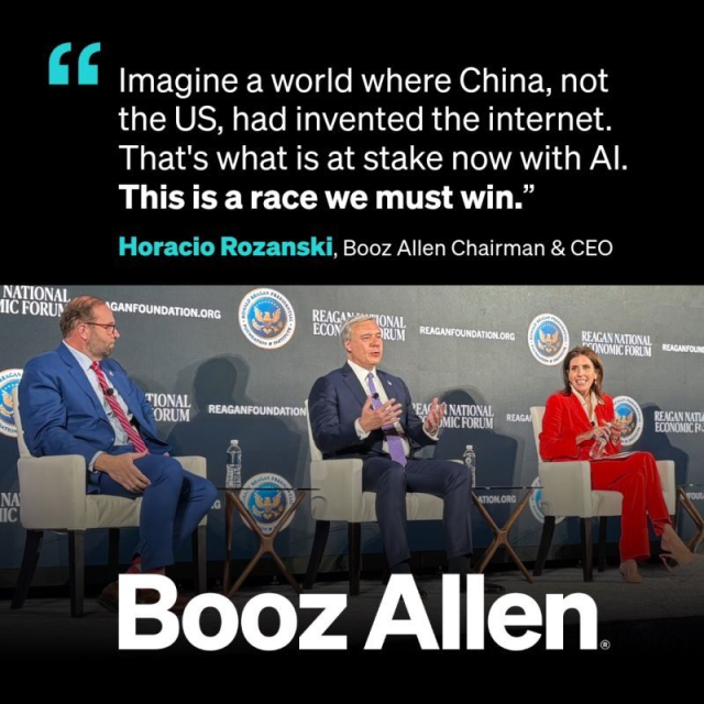 NetsecBolst's tweet photo. America’s leadership in the 21st century will be defined by the decisions we make about AI now. At the Reagan National Economic Forum, #BoozAllen CEO Horacio Rozanski shared why our window to act is short and why we must move faster to win the AI race. https://t.co/VGUz0x0lvZ https://t.co/tFE1Cb5NnV