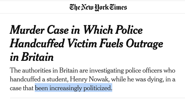 greg_price11's tweet photo. According to the New York Times, the biggest problem with the murder of Henry Nowak is that it's being "increasingly politicized."

Something tells me that wasn't their first reaction after George Floyd died while on a metric ton of fentanyl. https://t.co/R6Wvjdkmu3