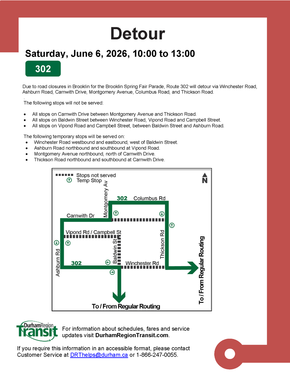 Durham_Transit's tweet photo. #DRTAlert Due to road closures in Brooklin for the Brooklin Spring Fair Parade, Route 302 will detour via Winchester Road, Ashburn Road, Carnwith Drive, Montgomery Avenue, Columbus Road, and Thickson Road. For more information, visit: https://t.co/rDX4RkYrcA. https://t.co/u8R64Zzui6