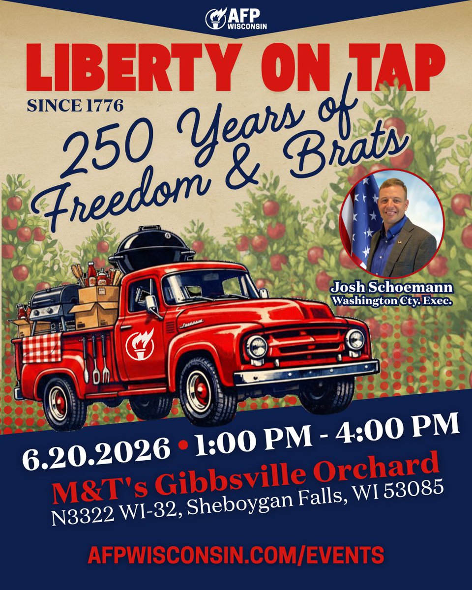 AFPWI's tweet photo. Speaking of brats👇 Join us for our 4th annual Brat Fest! 

🇺🇸 Music, games, and guest speaker @JoshSchoemann will be joining us as we celebrate America’s 250th! https://t.co/G0UGJN9fvT