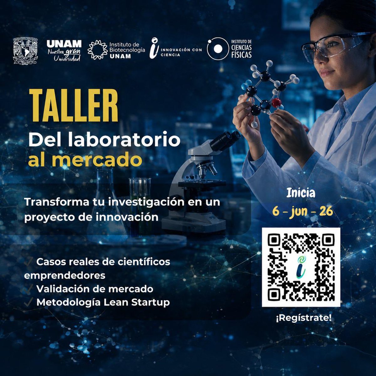 inspmx's tweet photo. Participa en el #Taller Del laboratorio al mercado 🔬

¡Transforma tu investigación en un proyecto de innovación!

📆 6 de junio

🔗 Regístrate: https://t.co/RZm4IlSQW0 https://t.co/UmZkOP6lwe