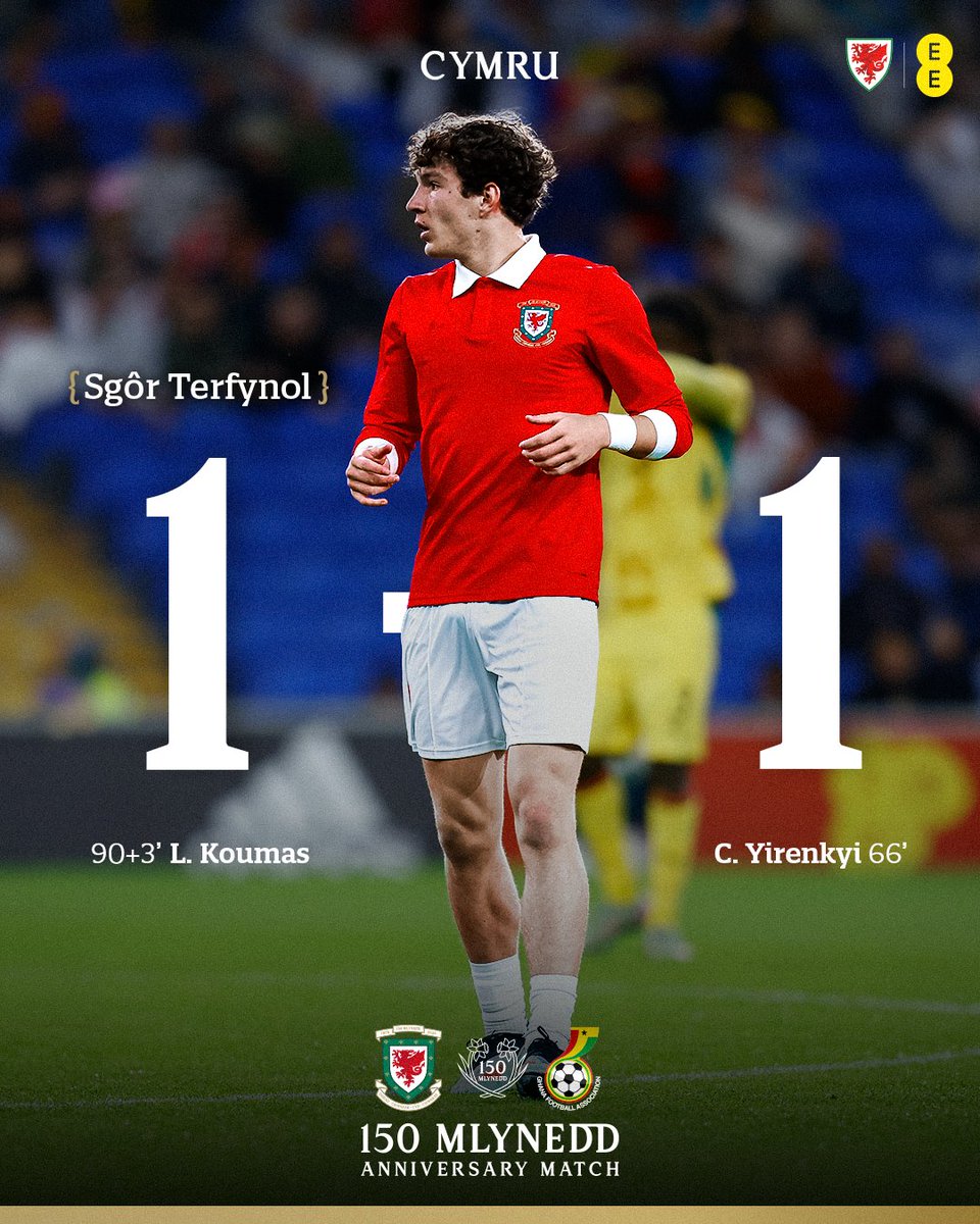 Cymru's tweet photo. ⏰ FT | 🏴󠁧󠁢󠁷󠁬󠁳󠁿 1-1 🇬🇭

Lewis Koumas' late equaliser earns a draw against Ghana in Cardiff 🤝

🔗 https://t.co/hZ4bgxsRP1 https://t.co/UxxePv89b1