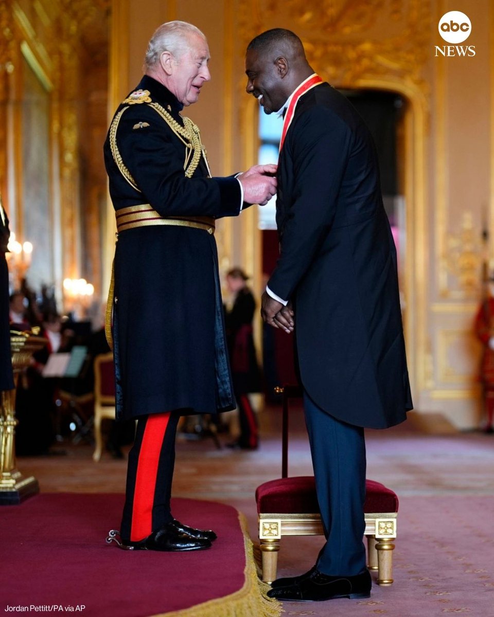 ABC's tweet photo. Introducing: Sir Idris Elba. 
 
Actor Idris Elba was knighted by King Charles III on Tuesday for his "services to young people" in a ceremony at Windsor Castle. https://t.co/3PhzgIsmFC https://t.co/qS04B1nxq7