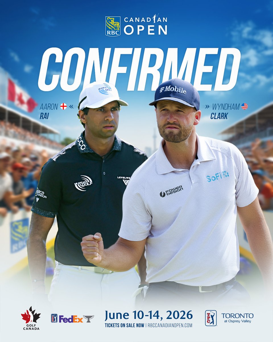 RBCCanadianOpen's tweet photo. Two more champs confirmed for Canada 🏆 

Watch Aaron Rai and Wyndham Clark at TPC Toronto next week, with the recent PGA Championship and Byron Nelson winners both set to compete.

Tickets: https://t.co/JObGVmeunN https://t.co/NsTBKSkEPF