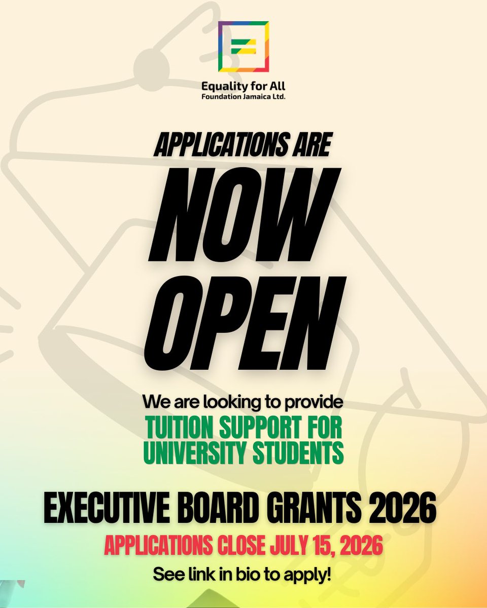 EqualityJa's tweet photo. Applications for the EFAF Executive Board Grants are NOW OPEN!

This opportunity is designed to support young LGBTQ+ Jamaicans who are pursuing tertiary education and creating positive change in their communities.

To be eligible, applicants must:
✨ Be Jamaican nationals
✨ Be between 18 - 25 years old
✨ Be currently enrolled in a recognized local college or university
✨ Identify as part of the LGBTQ+ community

Special consideration will be given to applicants from western Jamaica affected by Hurricane Melissa.

Submit your application, proof of enrolment, academic transcript, and a short personal statement outlining your journey, goals, and the impact you hope to make through your education.

📅 Applications close July 15, 2026.
🔗 Apply via the link below 
https://t.co/HmcPxJGHie 

Your story, your resilience, and your future matter. We look forward to hearing from you.

#EFAFCares #EqualityForAll #EFAFExecutiveBoardGrants2026
