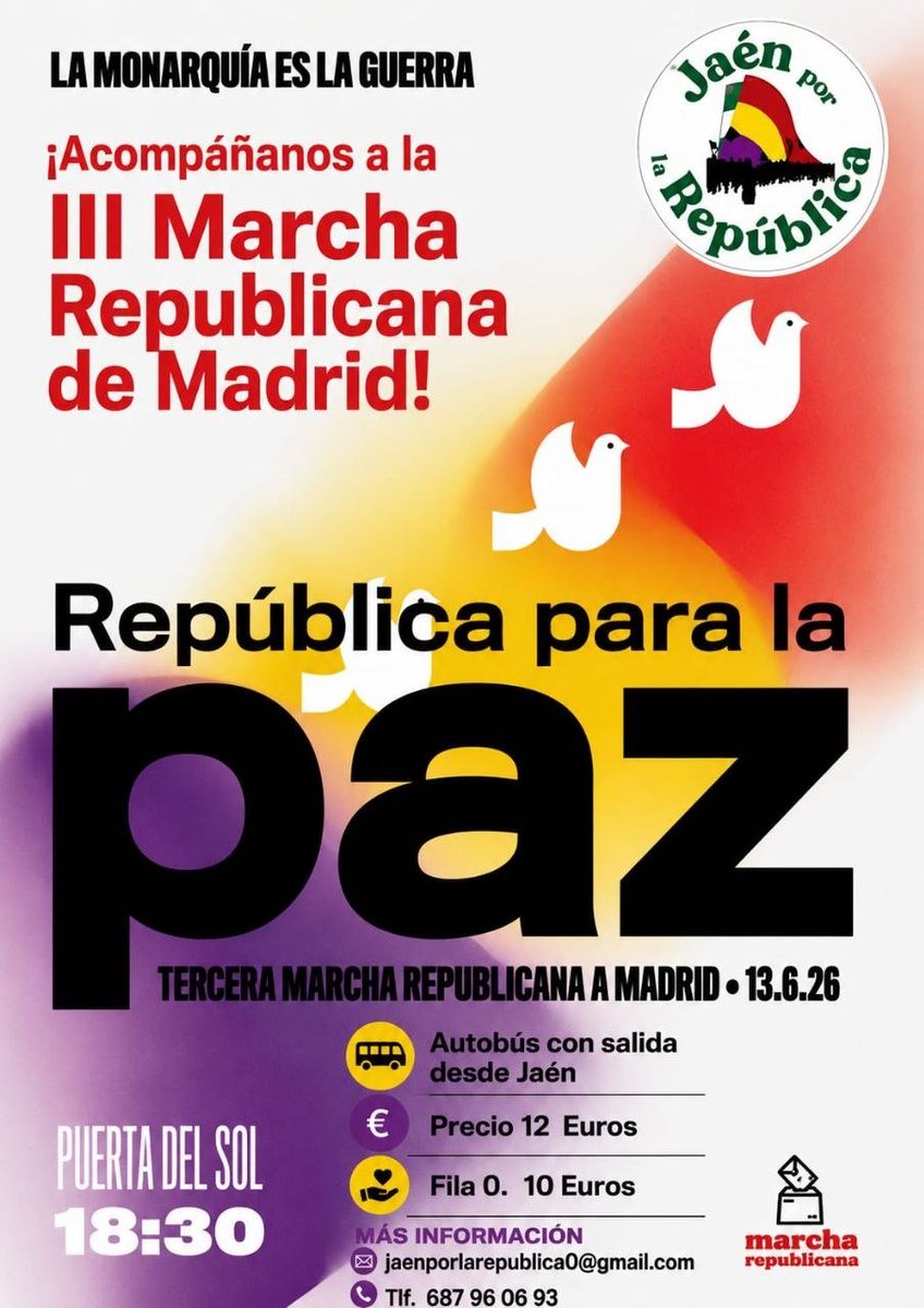 PCEjaenProv's tweet photo. Ven  a la marcha estatal republicana, por la paz, por los servicios  públicos, por los salarios dignos, por la democracia plena libre de  corrupción y por la república. Hay autobús que sale desde Jaén,  Contacto: 687960693 jaenporlarepublica0@gmail.com https://t.co/tecVFSdJeN