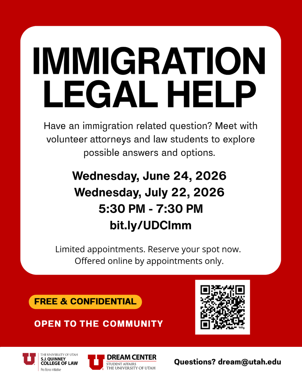 UofUDreamCenter's tweet photo. We’re excited to partner with the S.J. Quinney College of Law Pro Bono Initiative to offer free and confidential immigration legal consultations.
 
This service is open to both campus and community members and is available by appointment only.
 
Schedule your appointment today. https://t.co/ebbbLygQBA