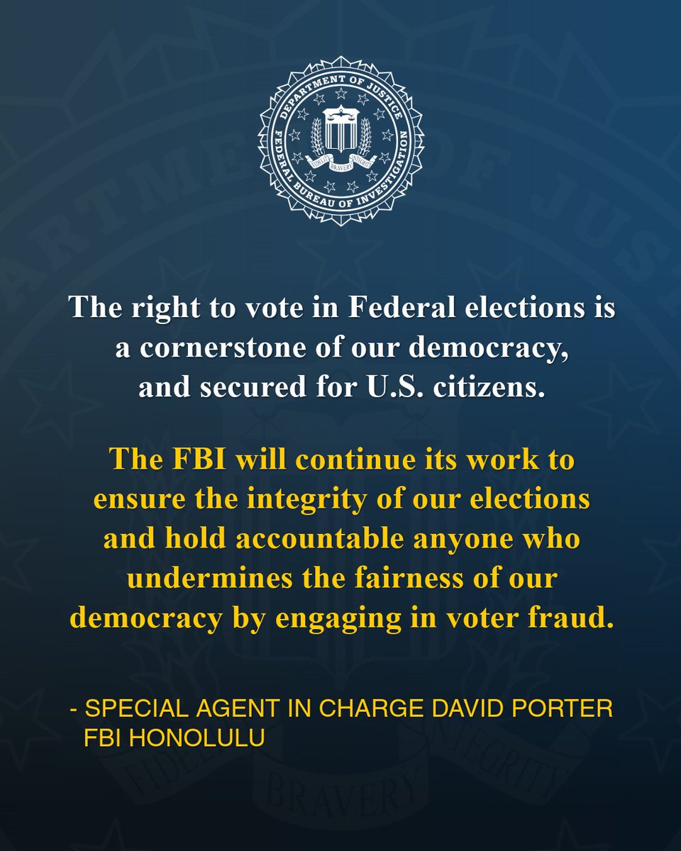 FBIHonolulu's tweet photo. 🚨NEWS ALERT: Filipino National Charged with Unlawfully Voting as an Alien

Remedios Alasaas, 66, of Kahului, Maui, was charged with unlawfully voting as an alien. Alasaas came to the United States in or around 2014 on an immigrant visa and registered to vote soon thereafter. According to court records, Alasaas was a non-citizen when she cast votes in two Federal elections in 2022 and 2024. On both occasions, Alasaas understood that she was not a citizen when she cast her ballot. If convicted, Alasaas faces up to one year in prison for each charge, and a fine of up to $100,000.

🔗 https://t.co/kAj2wBFt5U