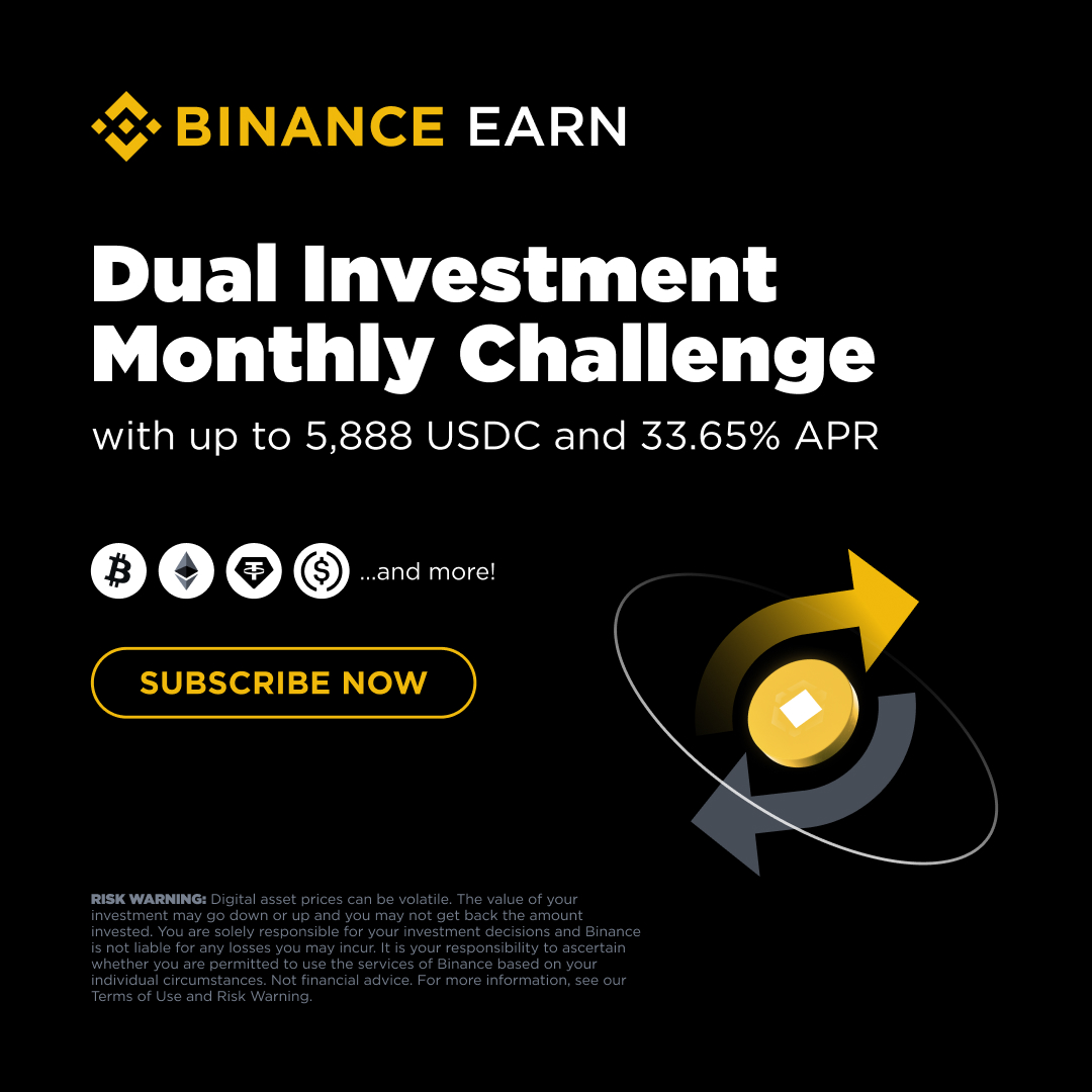 binance's tweet photo. Binance Earn June Monthly Challenge is live!

🔸 Up to 5,888 USDC in rewards
🔸 33.65% APR on Dual Investment
🔸 25,500 USDC prize pool to share

Act now → https://t.co/Mf1UUpri84 https://t.co/N4DAMADXEM