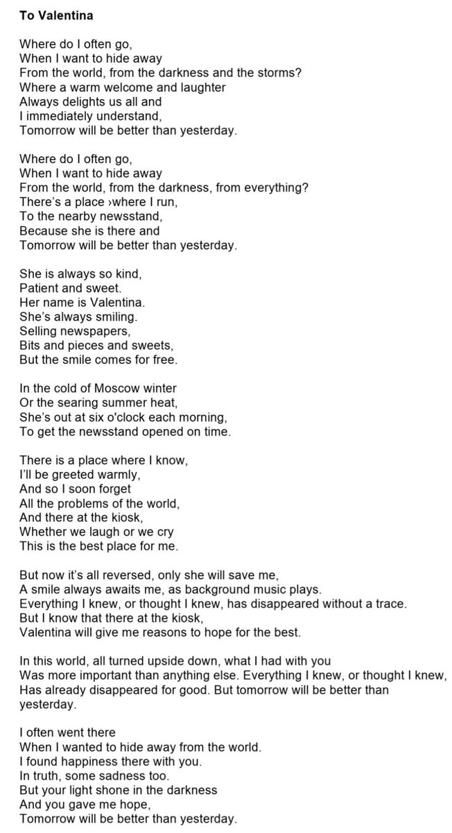 SamVNovnik's tweet photo. Happy 70th Birthday to #Valentina. We miss the brief encounters at #ValentinasKiosk, her smiles & positivity, like her msg 3 days ago.
Here's my attempt to capture the essence in Russian of Valentina's song by @BBCSteveR, also translated back into English
https://t.co/d7JQ4Z8UUV https://t.co/jvxwDcAyNS