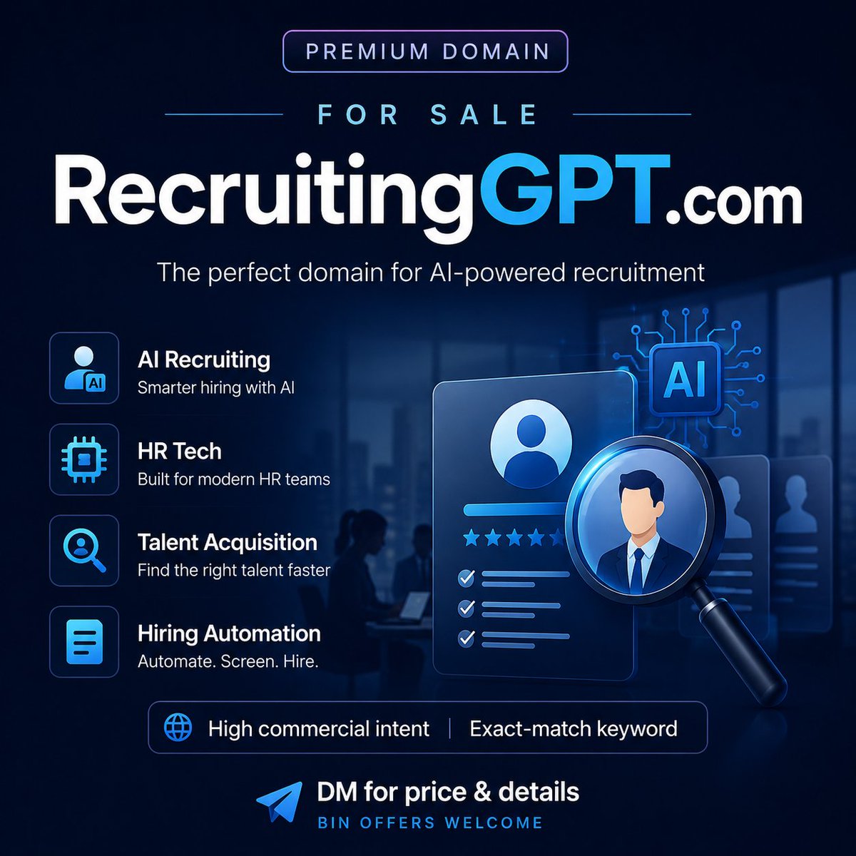 KouriArt's tweet photo. 🚀 Premium AI Domain For Sale

https://t.co/dnUhDtuBH2

Built for the future of AI-powered hiring.

✔ AI Recruiting
✔ HR Tech
✔ Talent Acquisition
✔ Hiring Automation

📩 DM offers | BIN welcome

#DomainForSale #AIRecruiting #HRTech #SaaS #Startup
#AITools #HRTech https://t.co/imI9hlaDRj