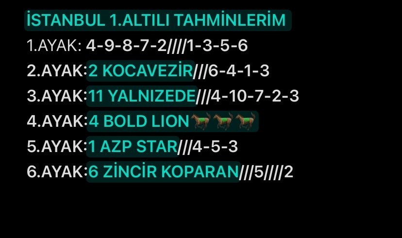 avcisialtili's tweet photo. İSTANBUL 1.ALTILI TAHMİNLERİM SİZLERLE..
Beğeni ve rt sizlerden ricam..❤️ https://t.co/OrGom1Xpa3
